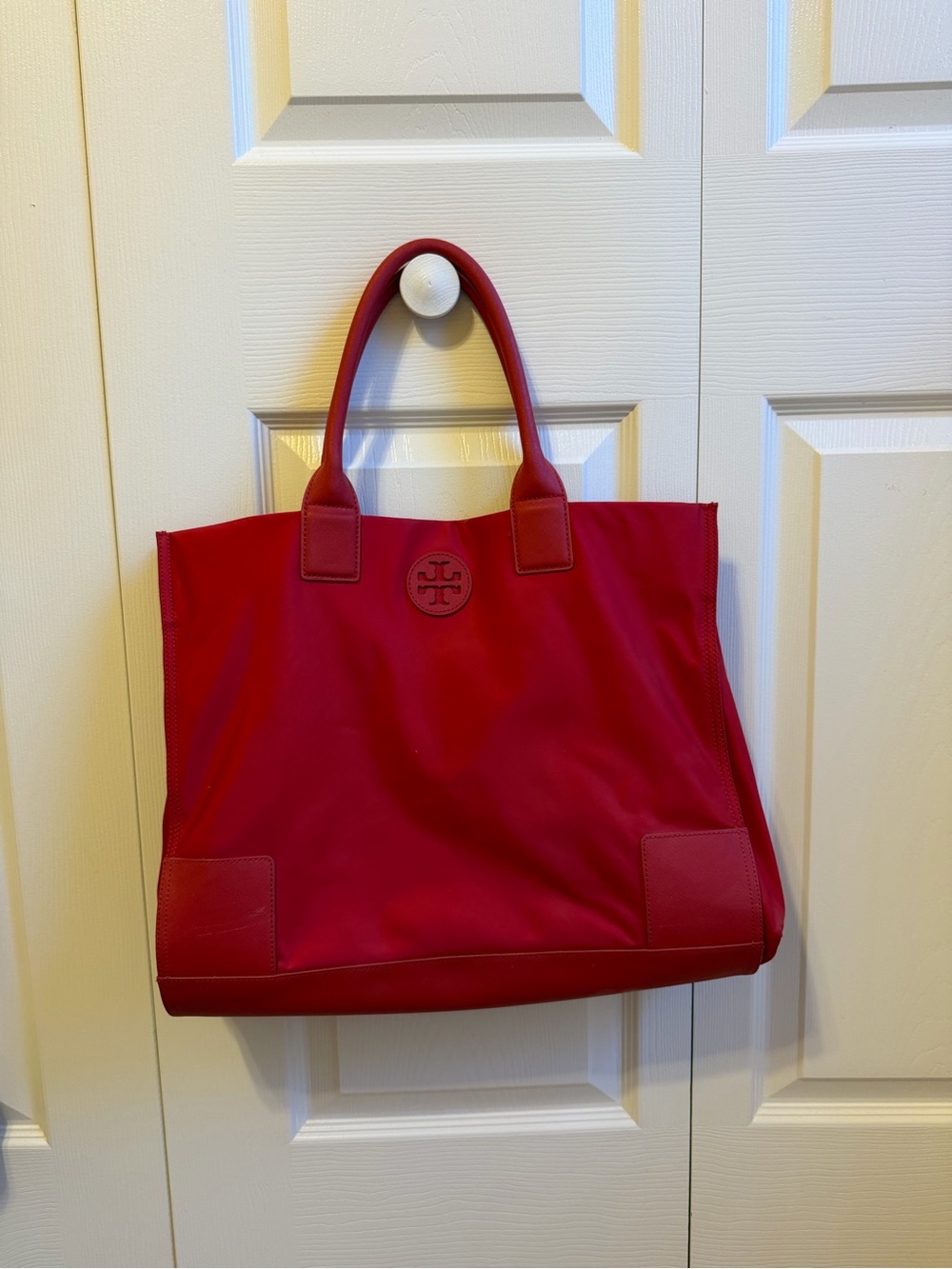Tory Burch Cherry Red Nylon Tote with Leather Trim